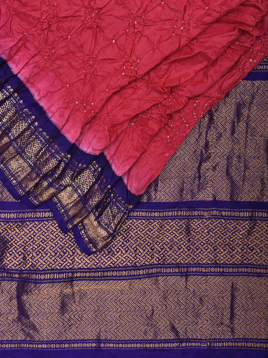 Pink and Dark Blue Bandhani Gadwal Silk Handloom Saree with Mango Pallu Design bn0504