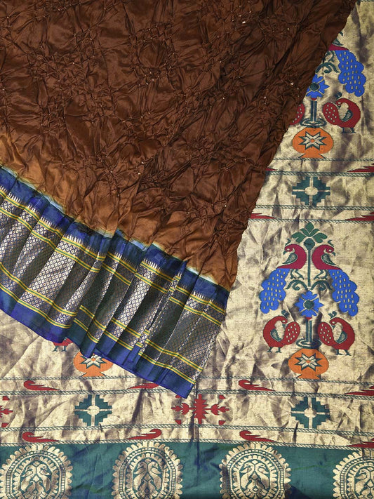 Brown and Teal Bandhani Paithani Silk Saree with Geometric Body and Peacocks Pallu Design bn0507