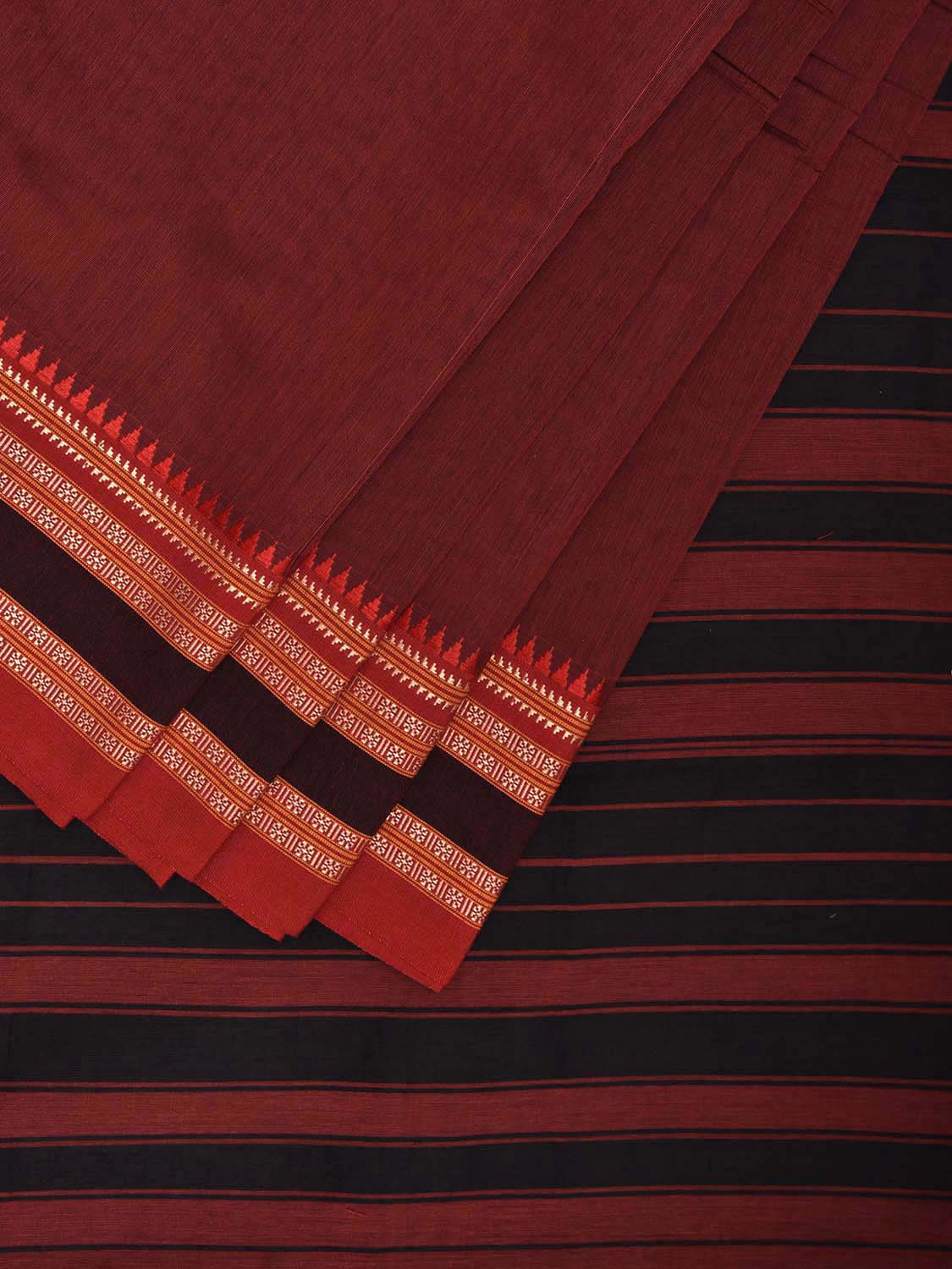 Brown and Black Bamboo Cotton Plain Saree with Strips Pallu Design No Blouse bc0793