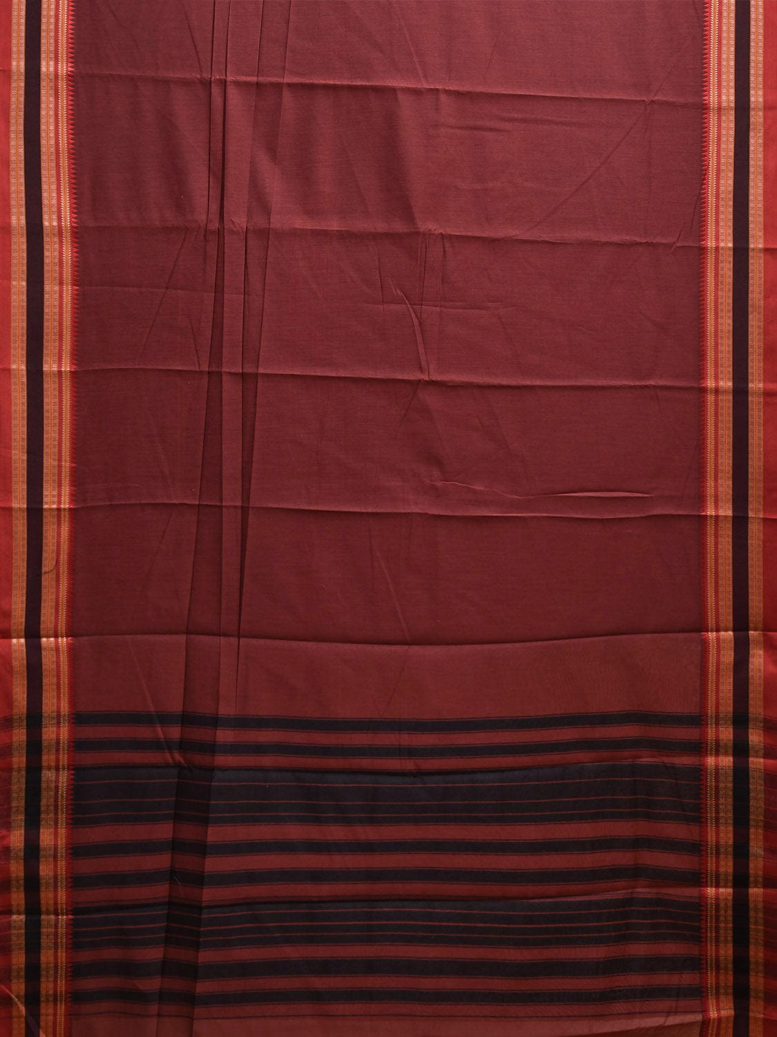Brown and Black Bamboo Cotton Plain Saree with Strips Pallu Design No Blouse bc0793