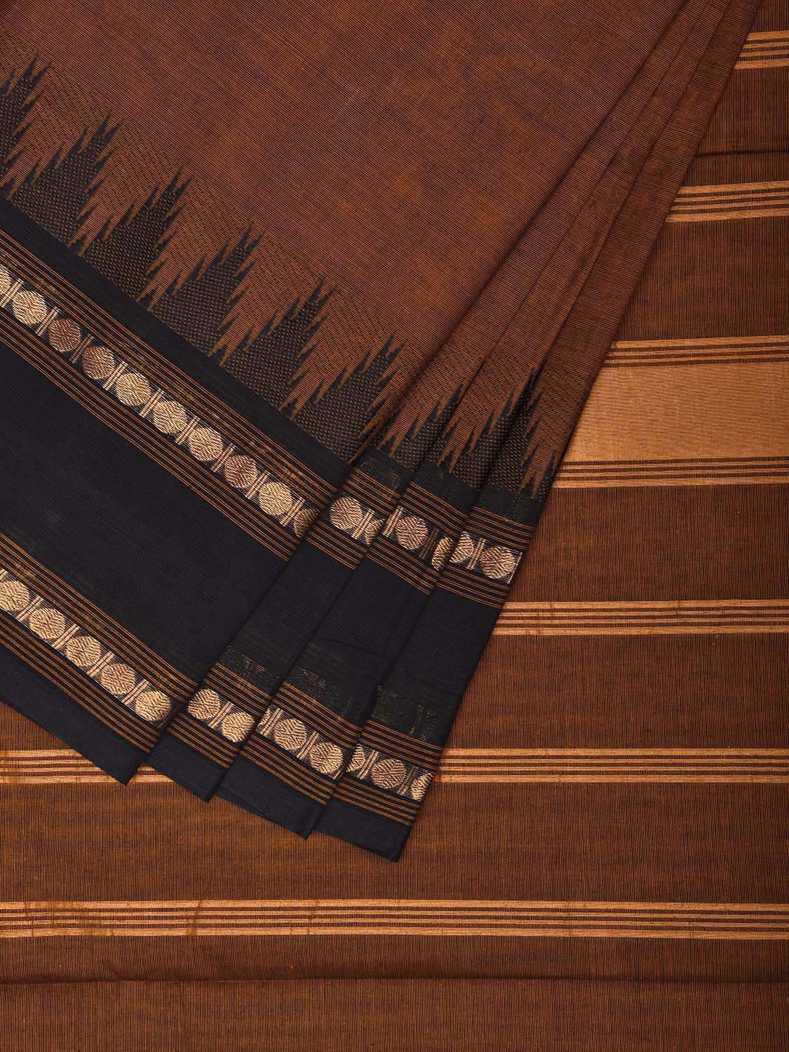 Brown and Black Kanchipuram Cotton Plain Saree with Strips Pallu and Small Temple Border Design k0742