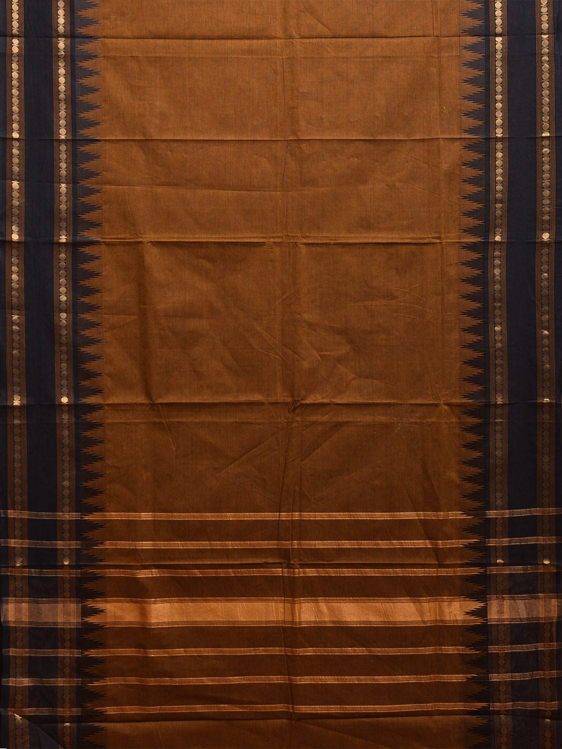 Brown and Black Kanchipuram Cotton Plain Saree with Strips Pallu and Small Temple Border Design k0742