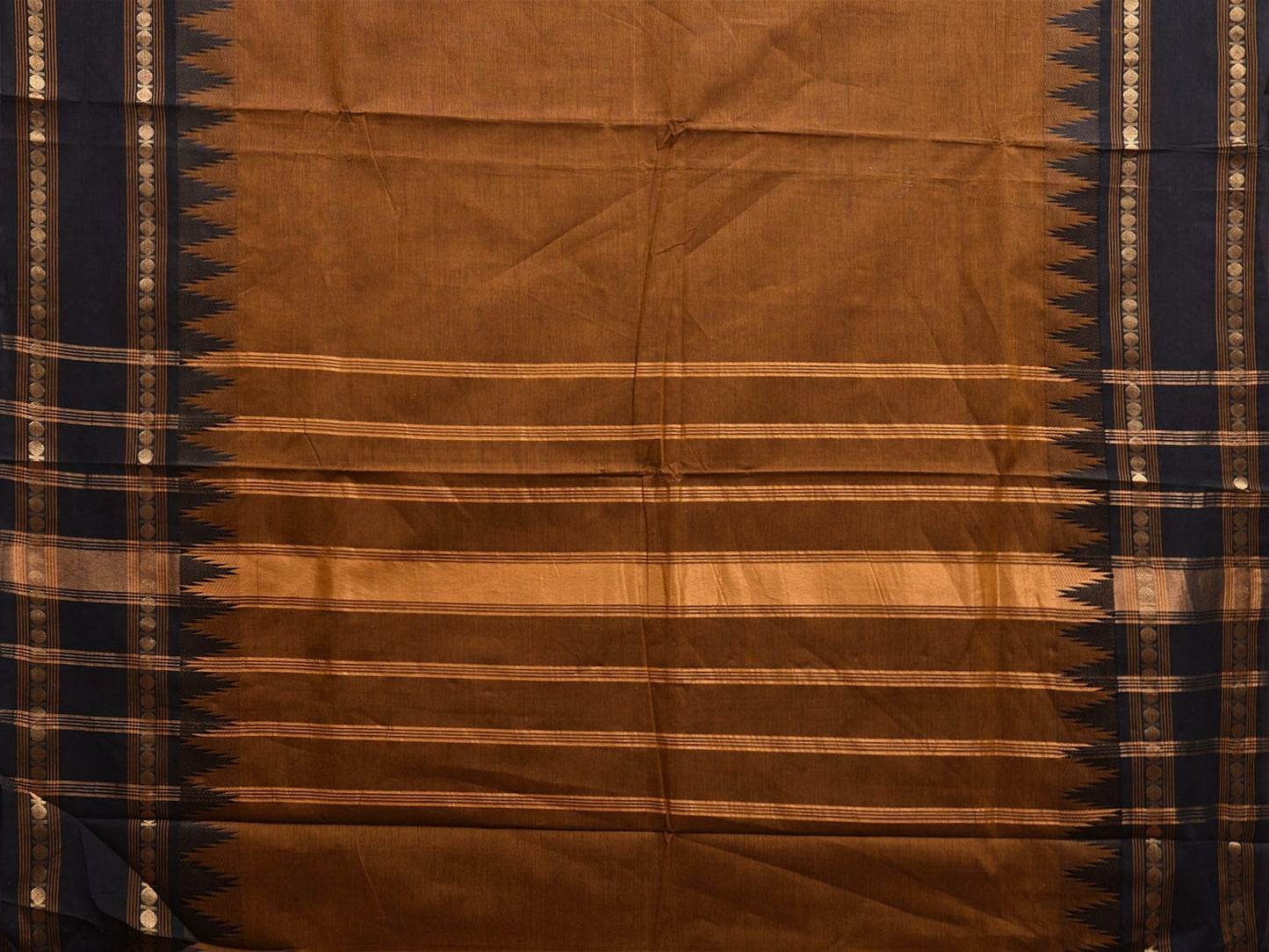 Brown and Black Kanchipuram Cotton Plain Saree with Strips Pallu and Small Temple Border Design k0742