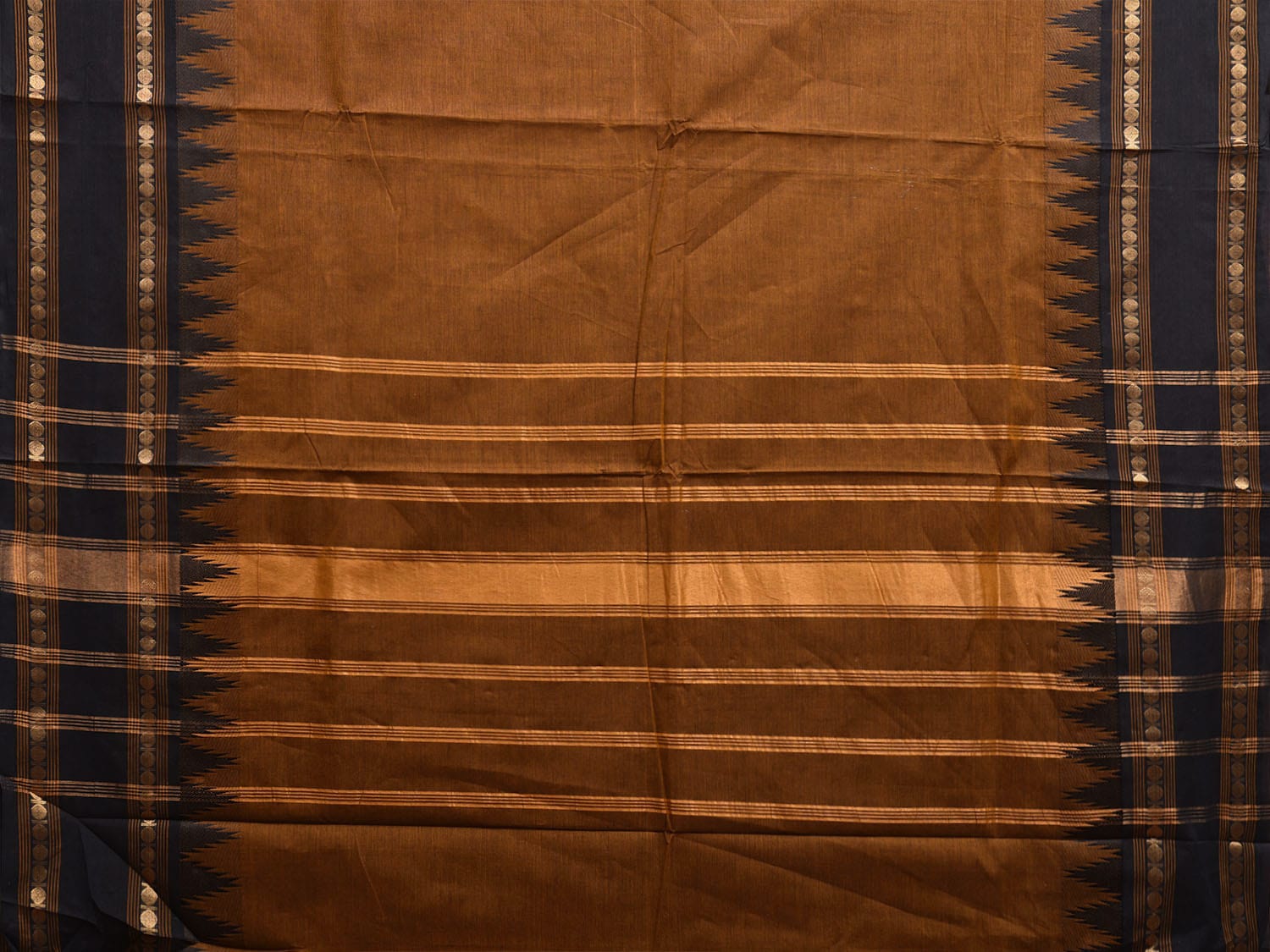 Brown and Black Kanchipuram Cotton Plain Saree with Strips Pallu and Small Temple Border Design k0742