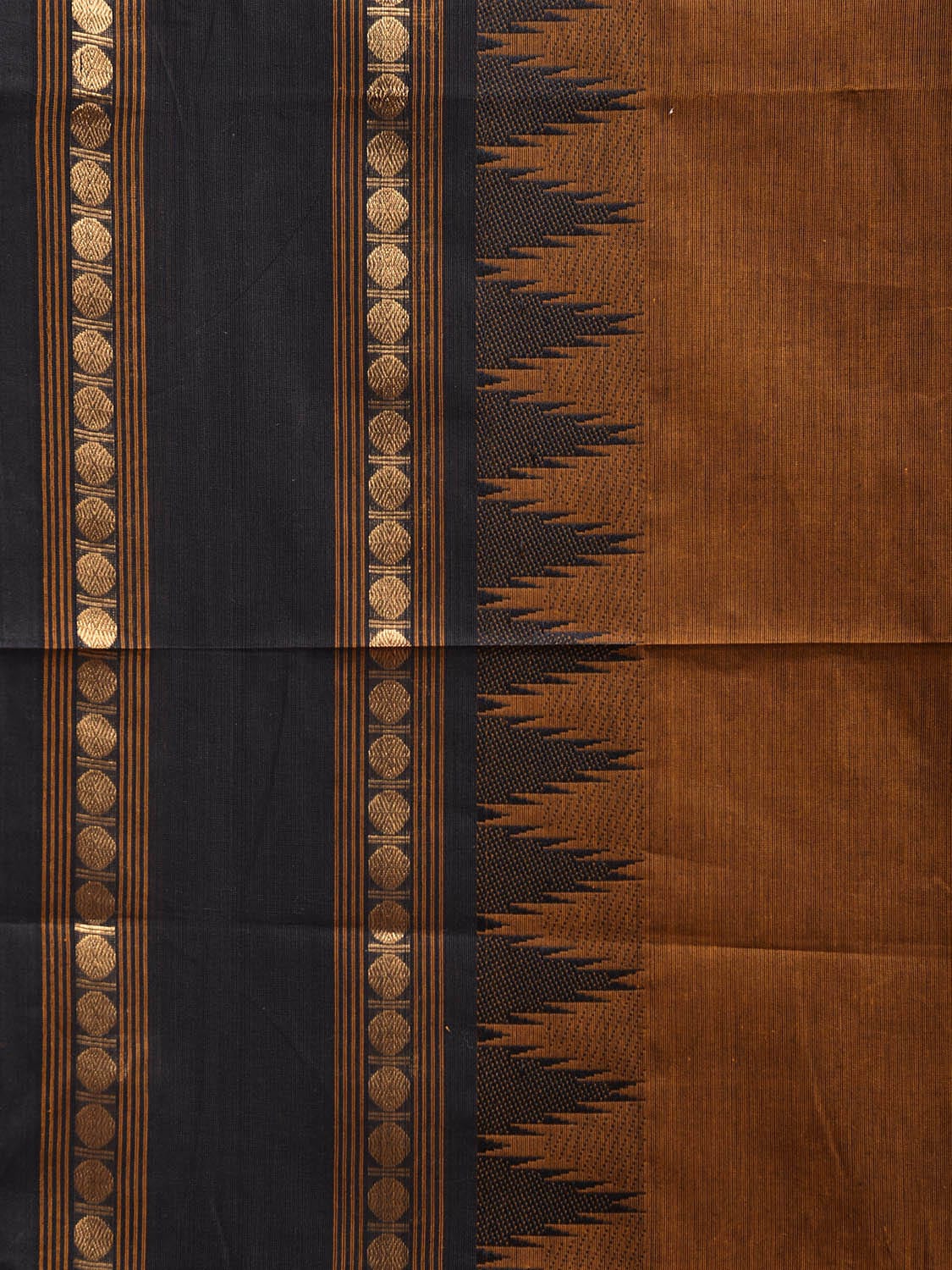 Brown and Black Kanchipuram Cotton Plain Saree with Strips Pallu and Small Temple Border Design k0742
