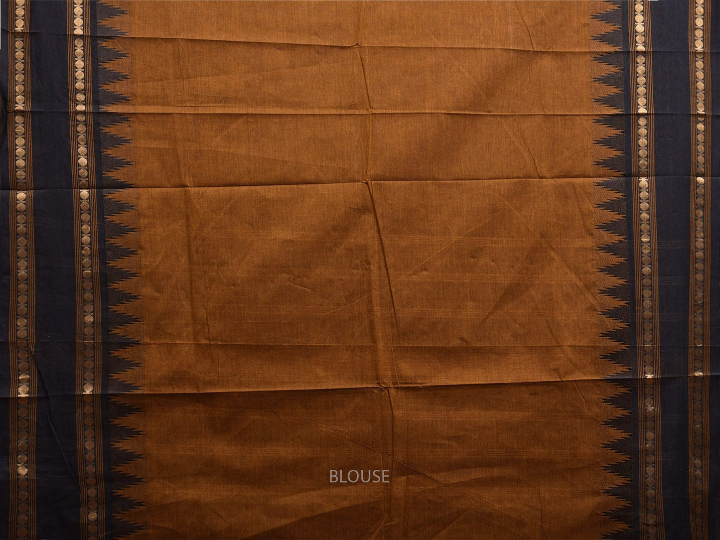 Brown and Black Kanchipuram Cotton Plain Saree with Strips Pallu and Small Temple Border Design k0742