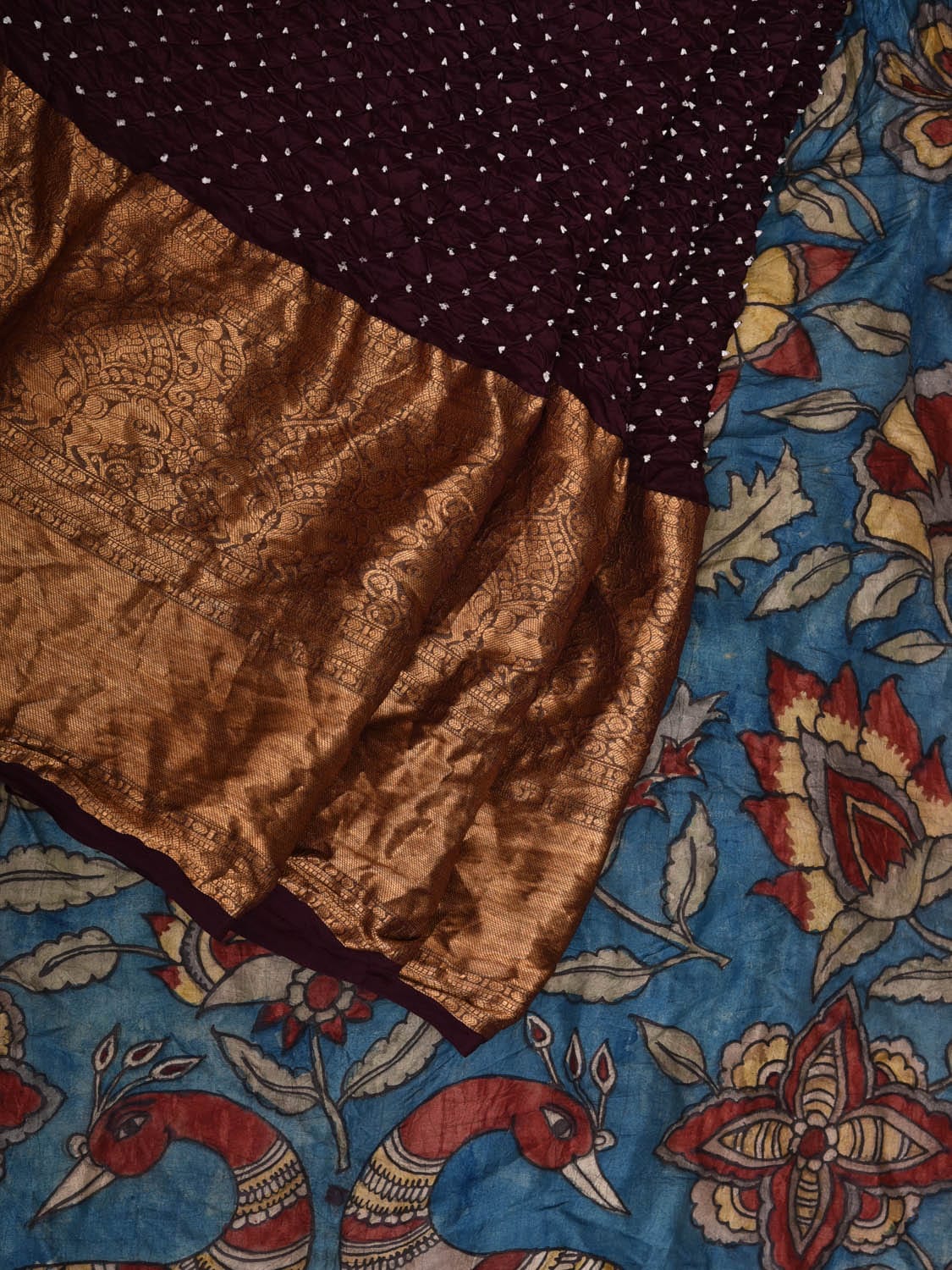 Brown and Blue Bandhani Kanchipuram Silk Handloom Saree with Kalamkari Pallu and Blouse Design bn0465