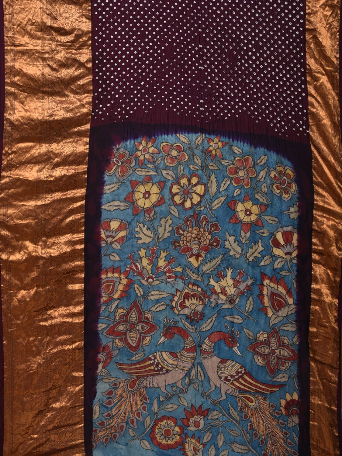 Brown and Blue Bandhani Kanchipuram Silk Handloom Saree with Kalamkari Pallu and Blouse Design bn0465