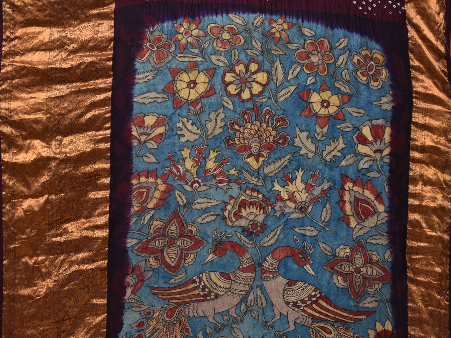 Brown and Blue Bandhani Kanchipuram Silk Handloom Saree with Kalamkari Pallu and Blouse Design bn0465