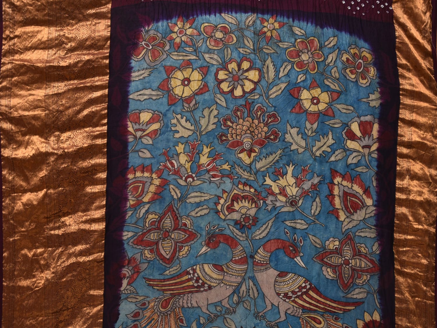 Brown and Blue Bandhani Kanchipuram Silk Handloom Saree with Kalamkari Pallu and Blouse Design bn0465