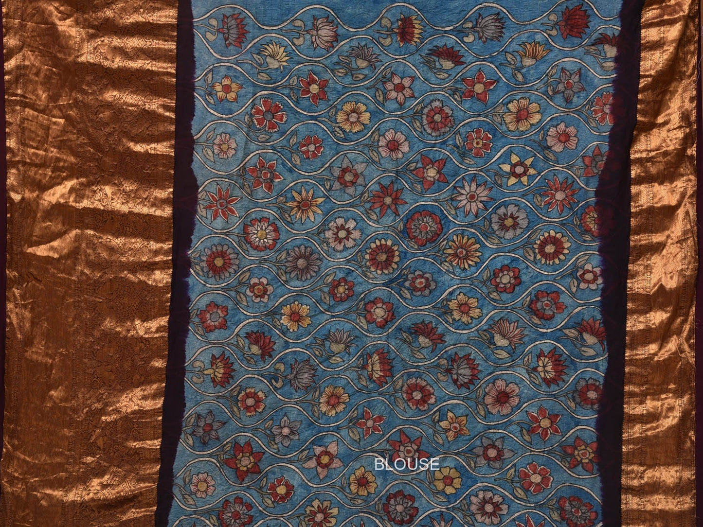 Brown and Blue Bandhani Kanchipuram Silk Handloom Saree with Kalamkari Pallu and Blouse Design bn0465