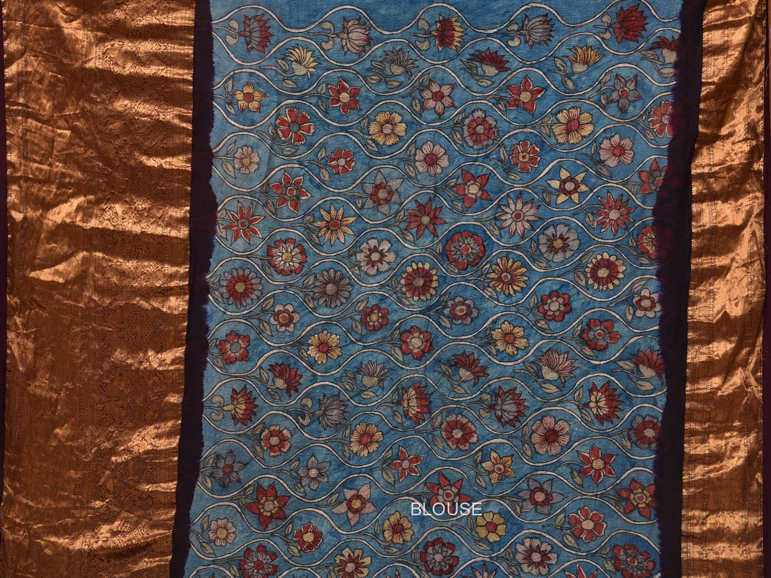 Brown and Blue Bandhani Kanchipuram Silk Handloom Saree with Kalamkari Pallu and Blouse Design bn0465
