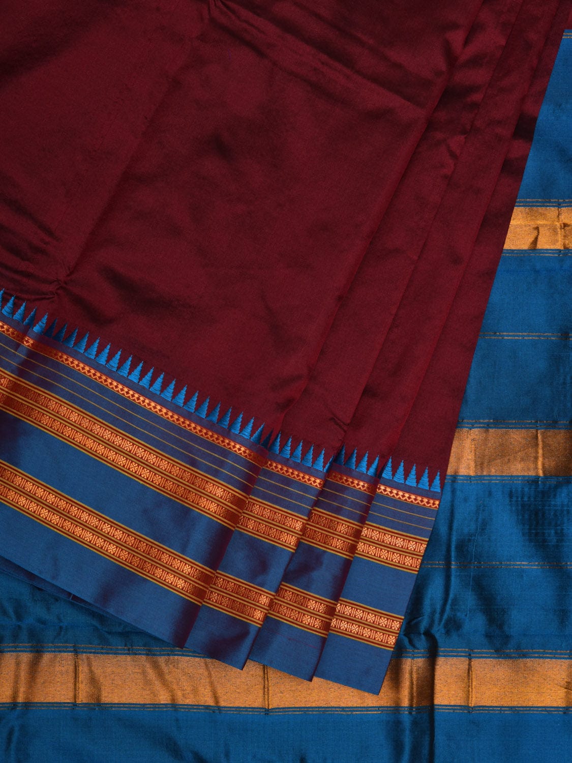 Brown and Blue Narayanpet Silk Handloom Plain Saree with Traditional Border Design No Blouse np0643