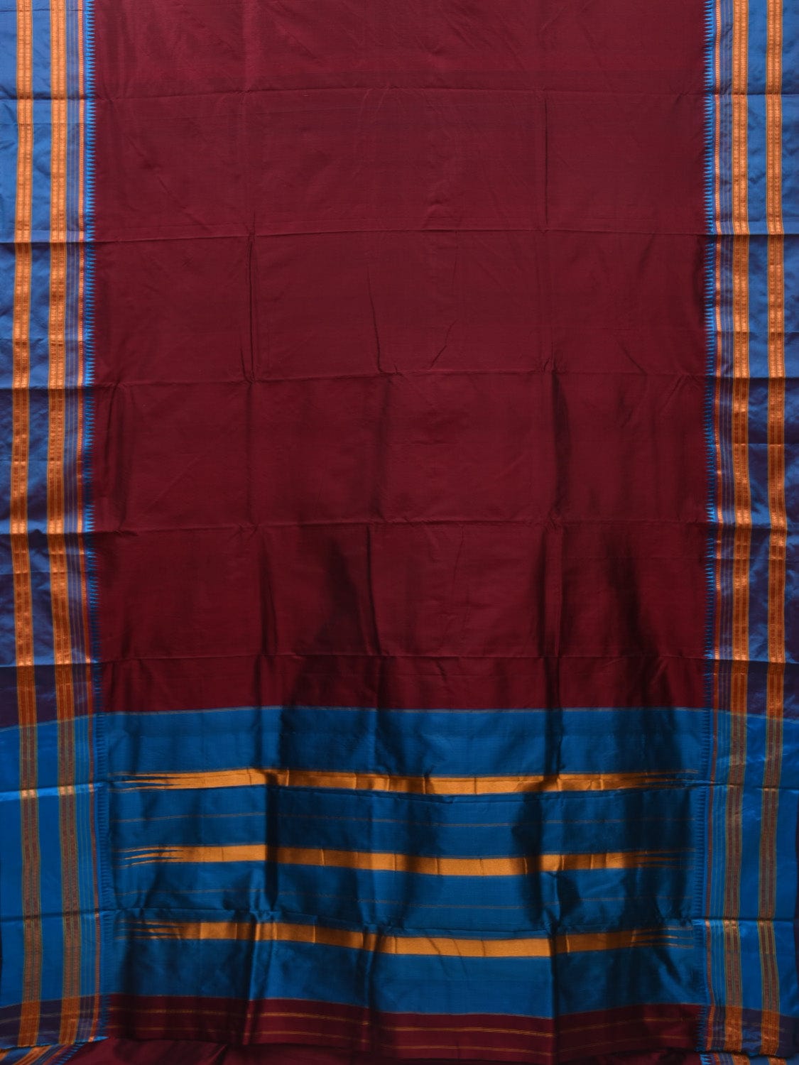 Brown and Blue Narayanpet Silk Handloom Plain Saree with Traditional Border Design No Blouse np0643