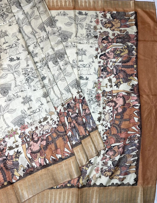 Brown and Cream Digital Printed Viscose Silk Saree with Village Theme Design pr0058ap