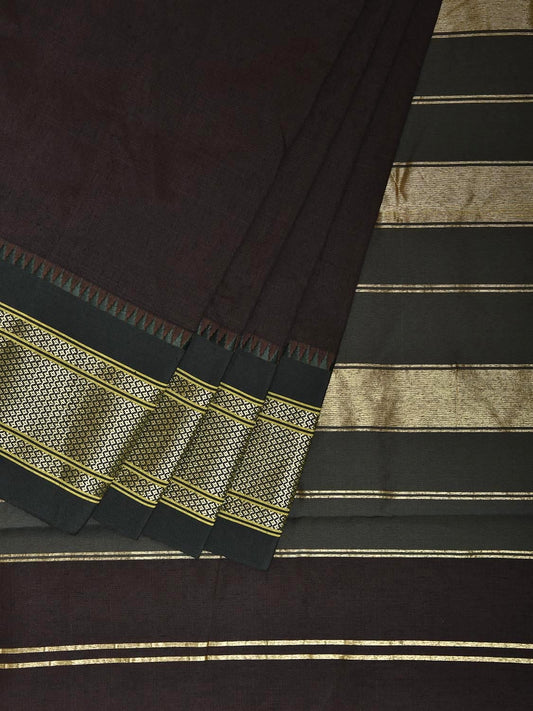 Brown and Green Bamboo Cotton Plain Saree with Contrast Pallu Design No Blouse bc0819