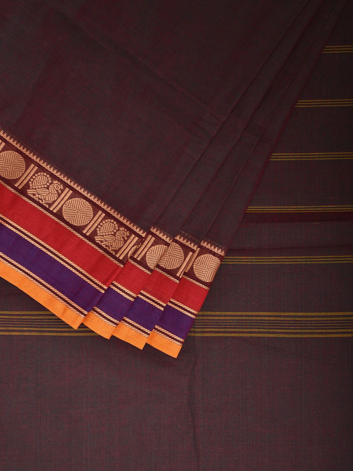 Brown and Green Kanchipuram Cotton Plain Saree with Border Design Kalamkari Blouse k0825