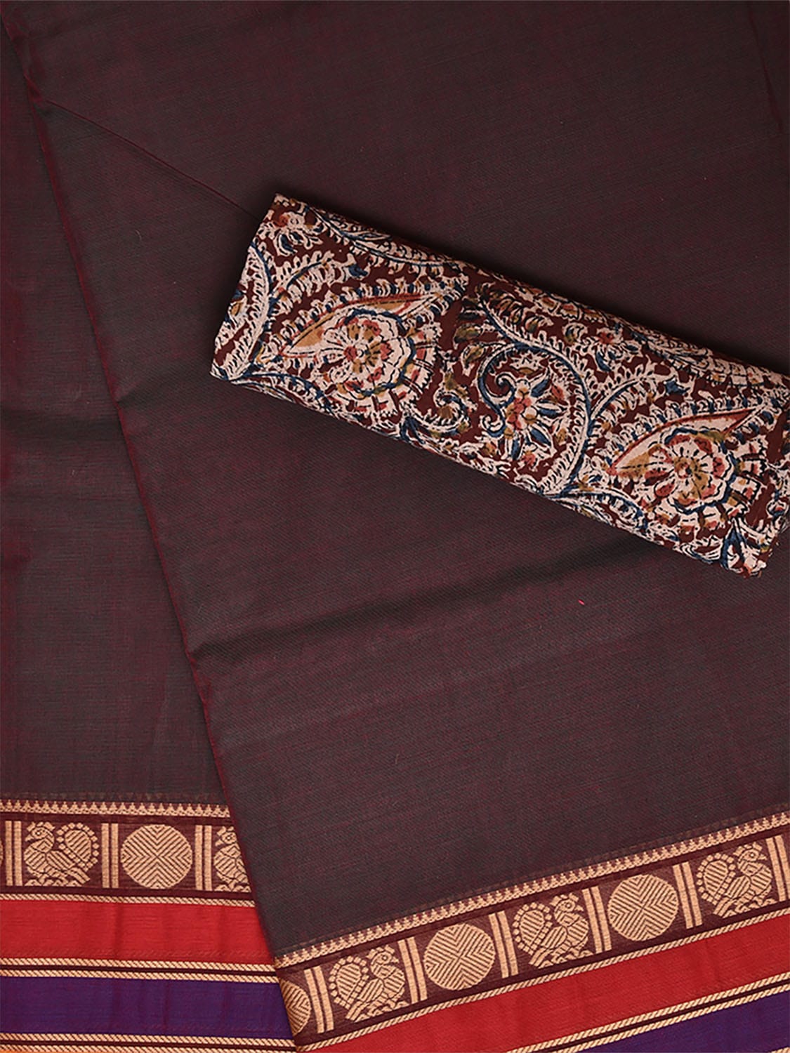 Brown and Green Kanchipuram Cotton Plain Saree with Border Design Kalamkari Blouse k0825