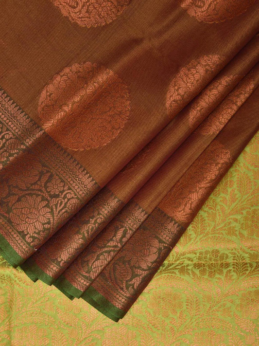 Brown and Green Katan Silk Saree with Border and Body Butta Design b0154ds