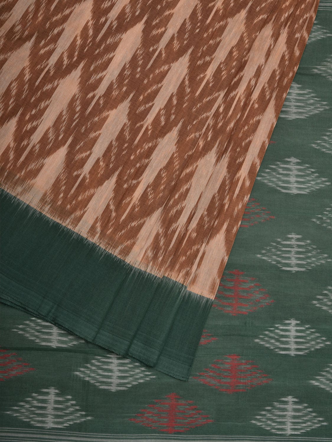 Brown and Green Pochampally Ikat Cotton Handloom Saree with All Over Design i0733