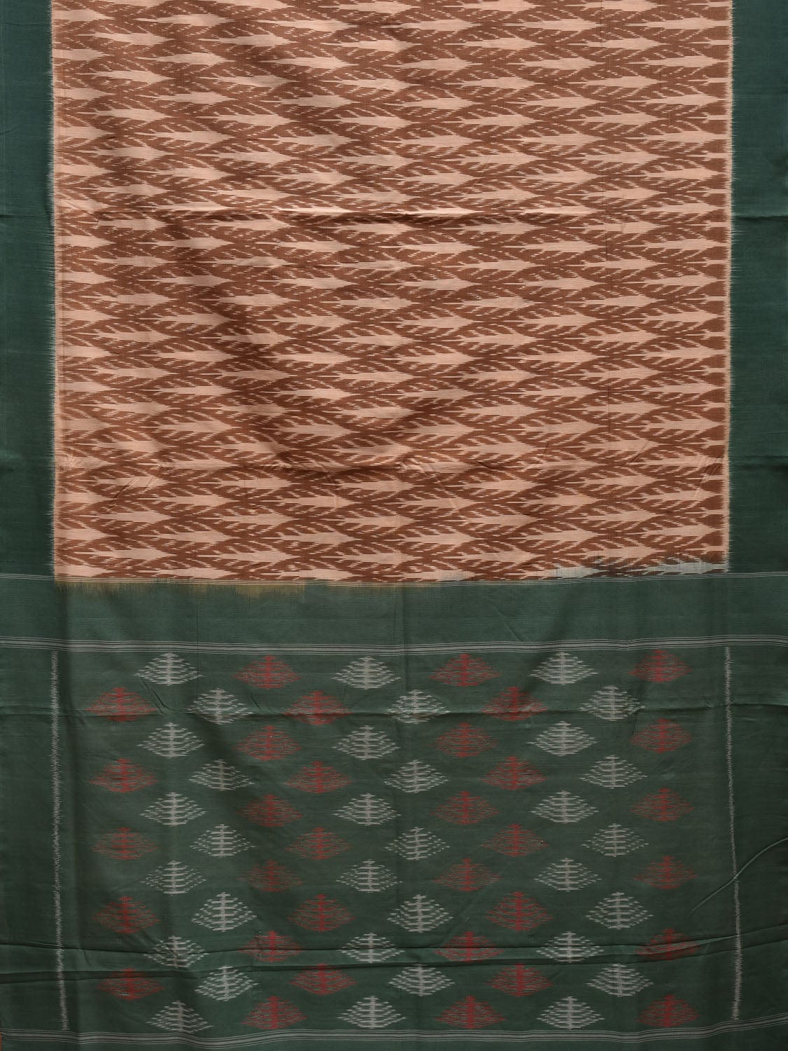 Brown and Green Pochampally Ikat Cotton Handloom Saree with All Over Design i0733