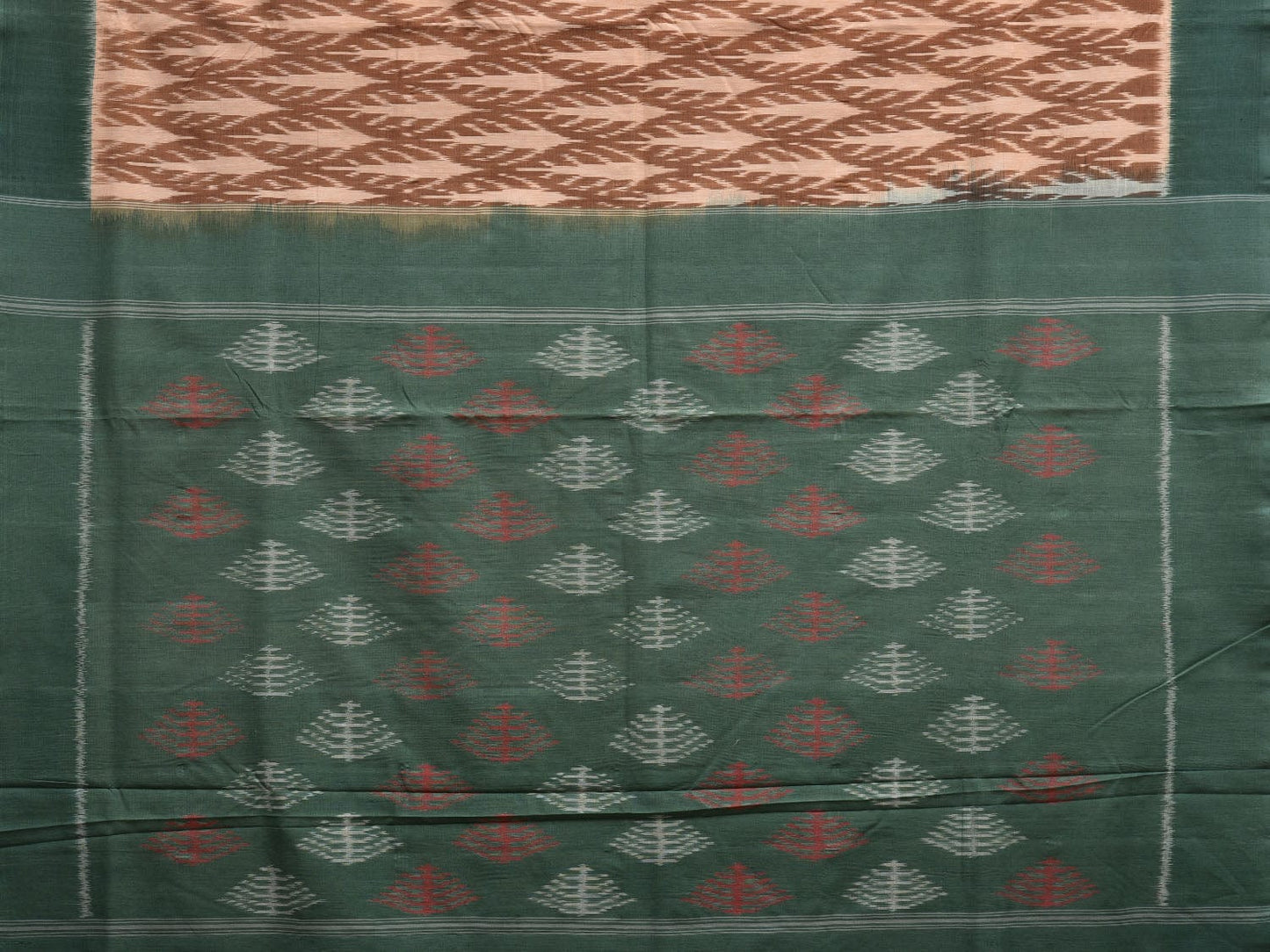 Brown and Green Pochampally Ikat Cotton Handloom Saree with All Over Design i0733