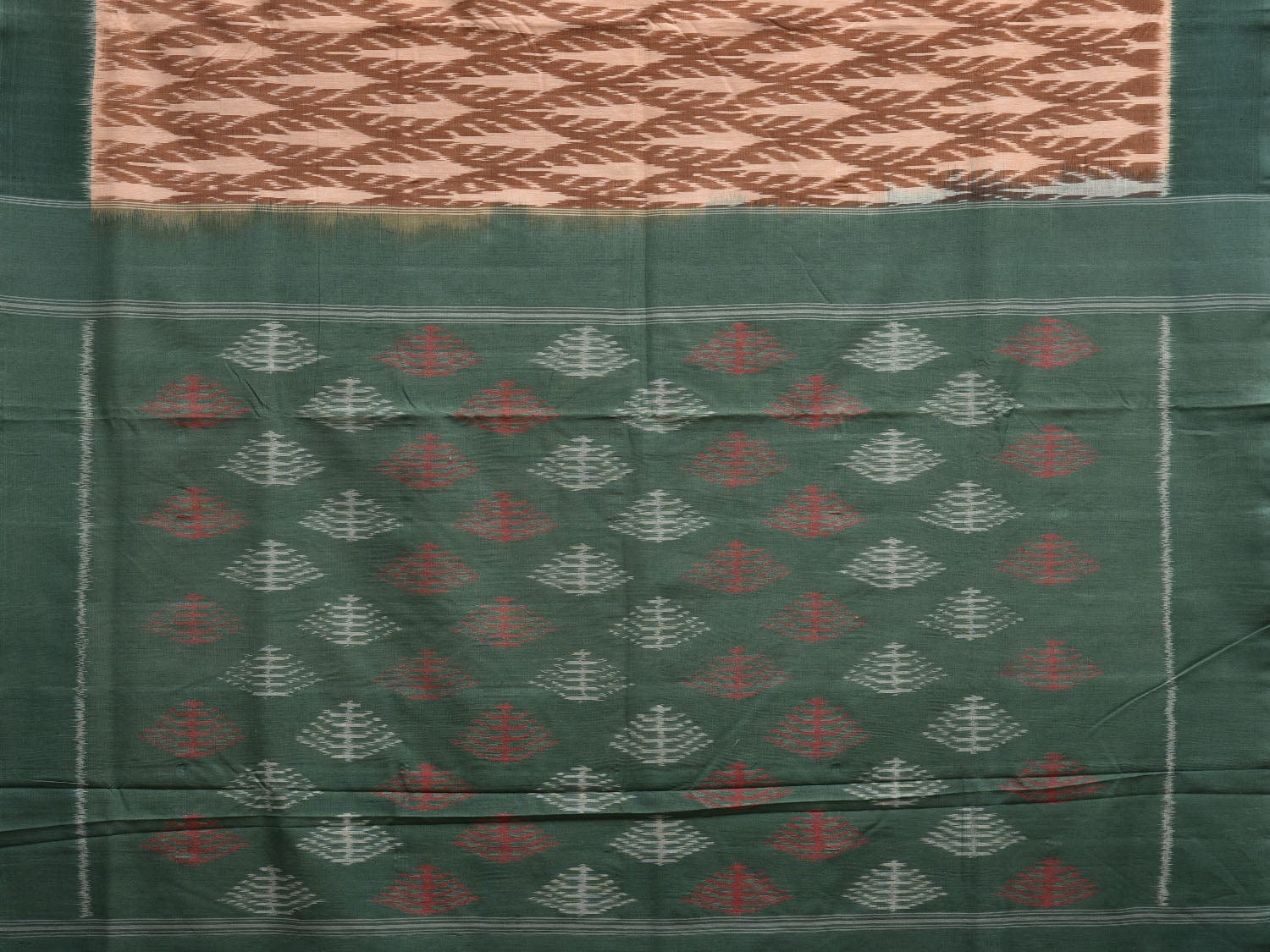 Brown and Green Pochampally Ikat Cotton Handloom Saree with All Over Design i0733