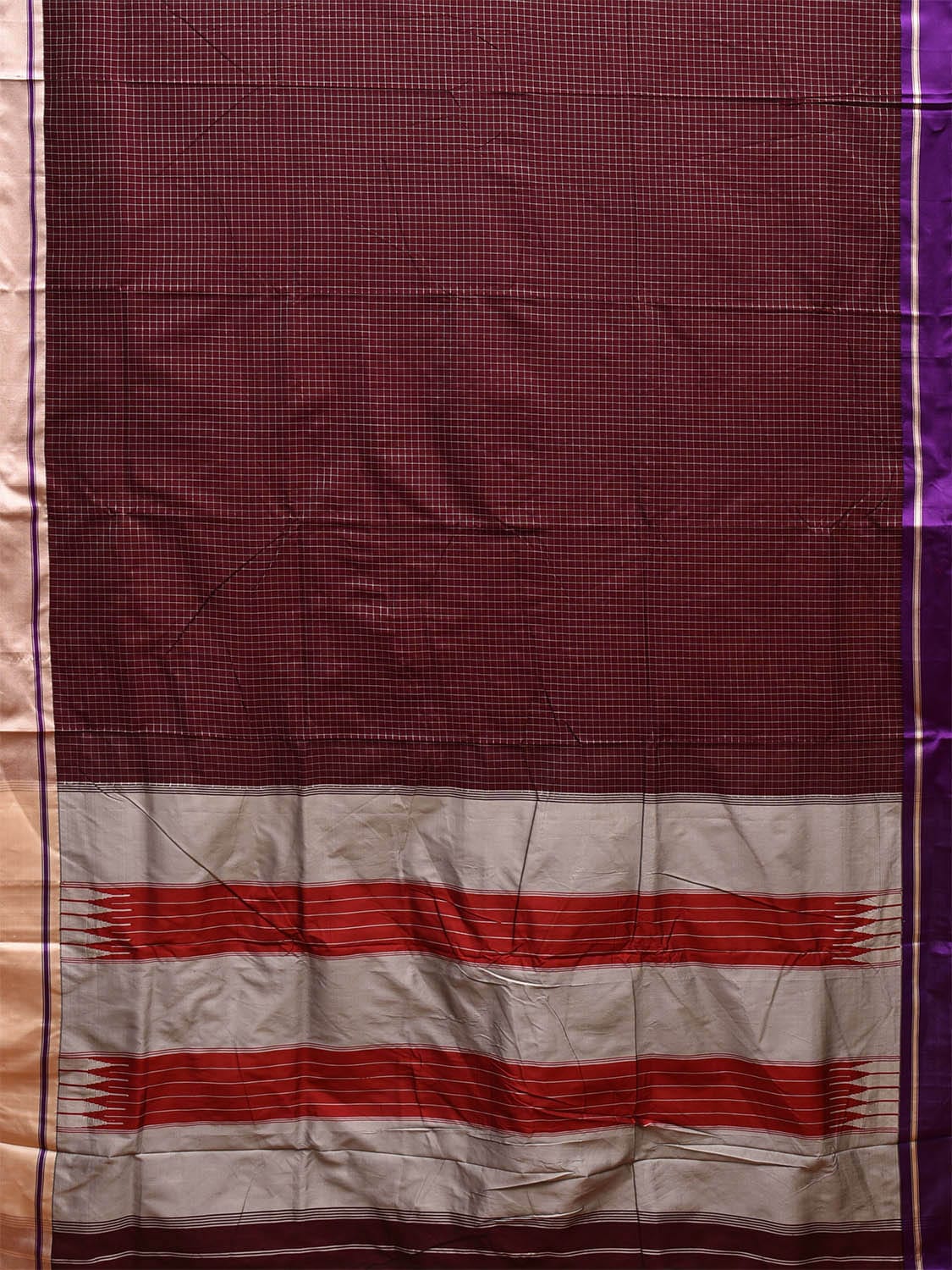 Brown and Light Grey ilkal Cotton Viscose Saree with Checks and Ganga-Jamuna Border Design o0523