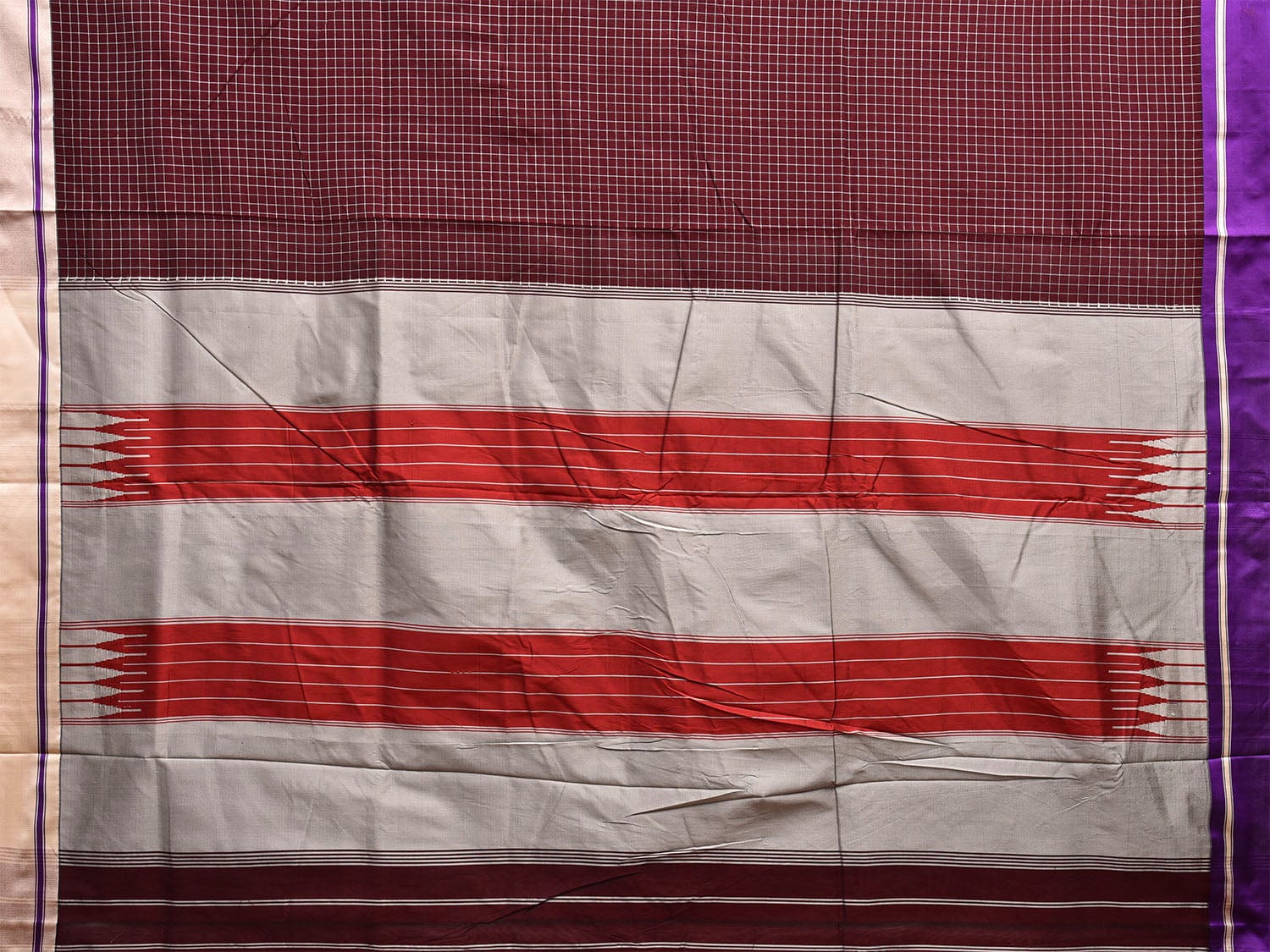 Brown and Light Grey ilkal Cotton Viscose Saree with Checks and Ganga-Jamuna Border Design o0523