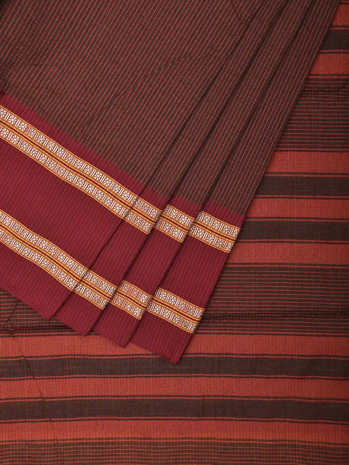 Brown and Maroon Bamboo Cotton Saree with Small Checks and Strips Pallu Design No Blouse bc0585