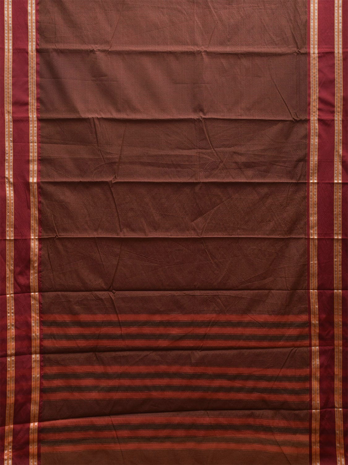 Brown and Maroon Bamboo Cotton Saree with Small Checks and Strips Pallu Design No Blouse bc0585