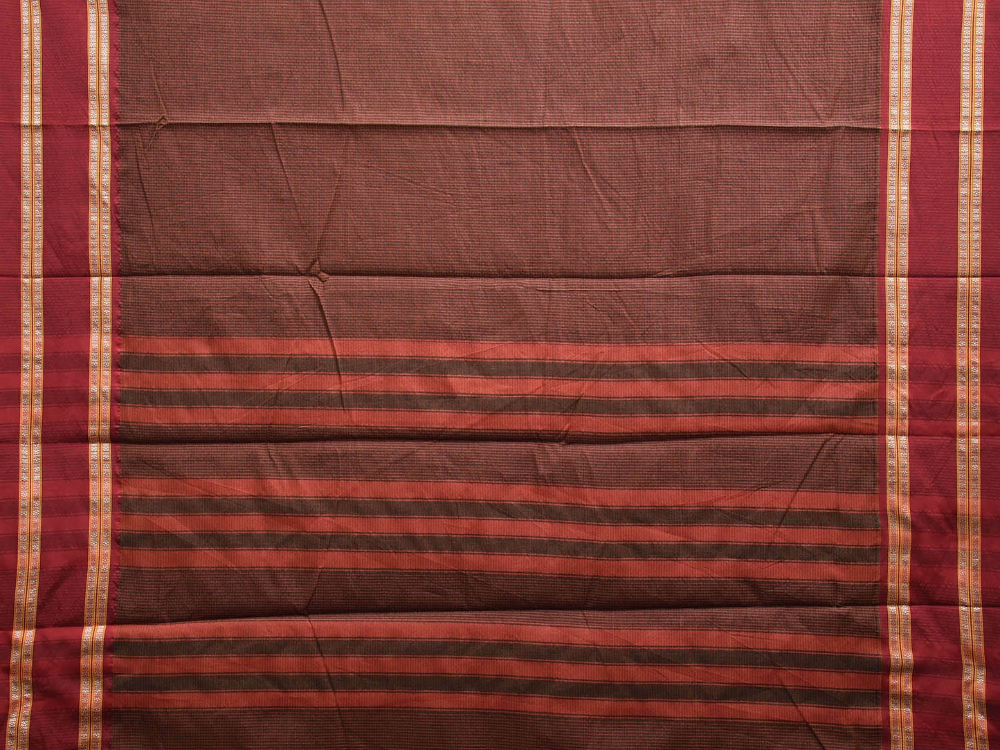 Brown and Maroon Bamboo Cotton Saree with Small Checks and Strips Pallu Design No Blouse bc0585