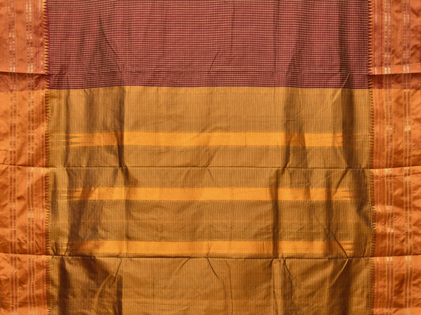 Brown and Mustard Narayanpet Silk Handloom Saree with Checks Design No Blouse np0756
