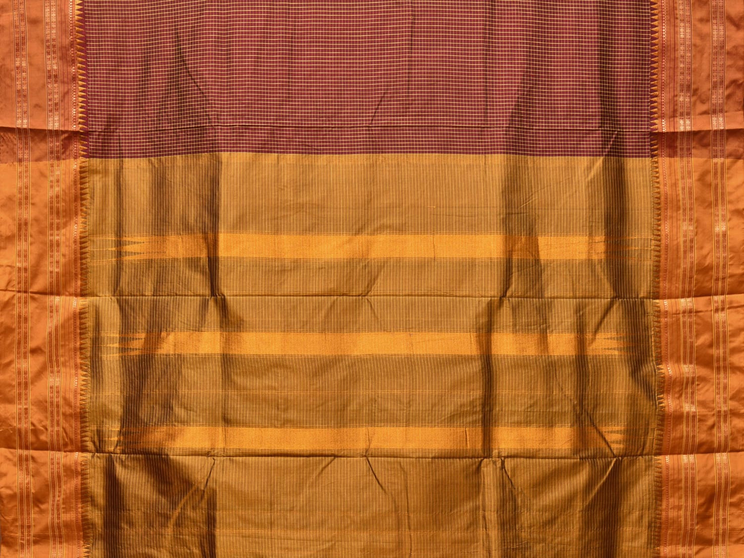 Brown and Mustard Narayanpet Silk Handloom Saree with Checks Design No Blouse np0756