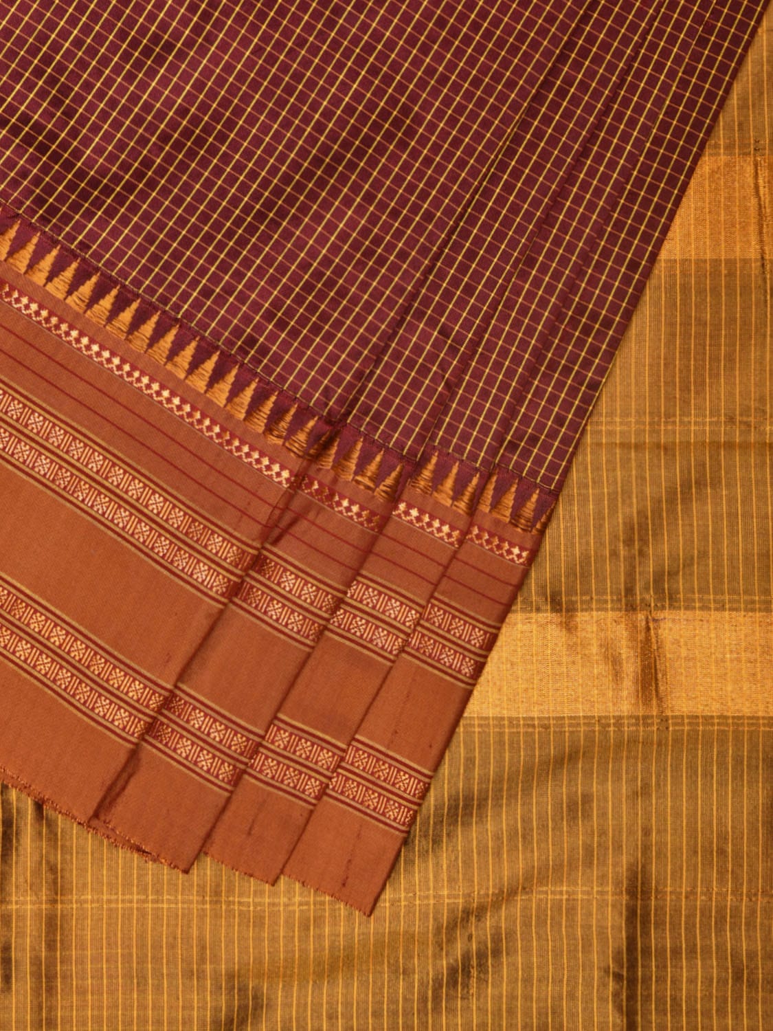 Brown and Mustard Narayanpet Silk Handloom Saree with Checks Design No Blouse np0756