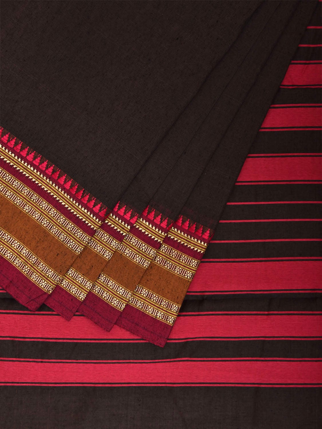 Brown and Pink Bamboo Cotton Plain Saree with Strips Pallu Design No Blouse bc0787