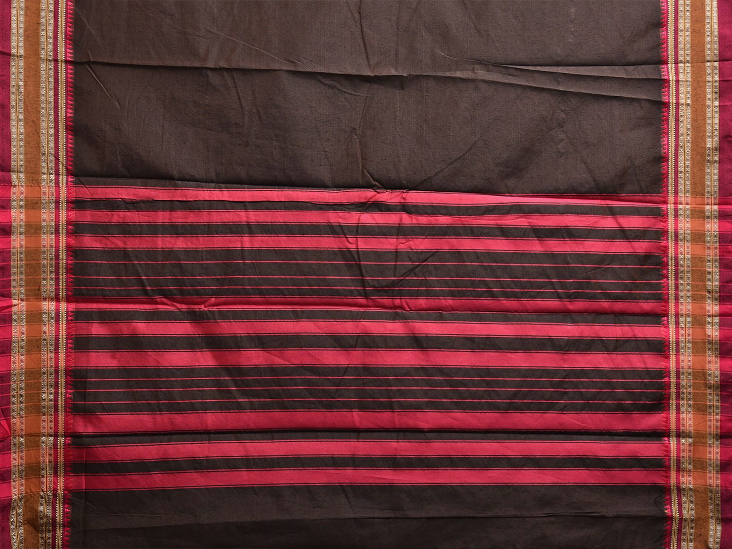 Brown and Pink Bamboo Cotton Plain Saree with Strips Pallu Design No Blouse bc0787