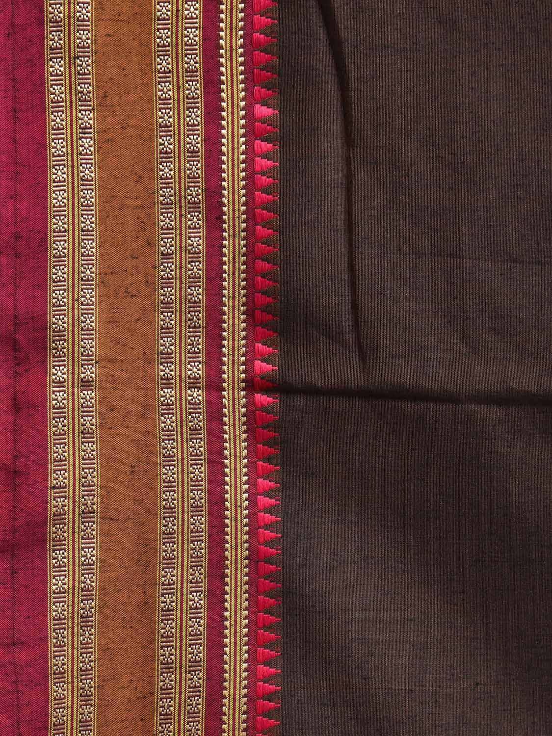 Brown and Pink Bamboo Cotton Plain Saree with Strips Pallu Design No Blouse bc0787