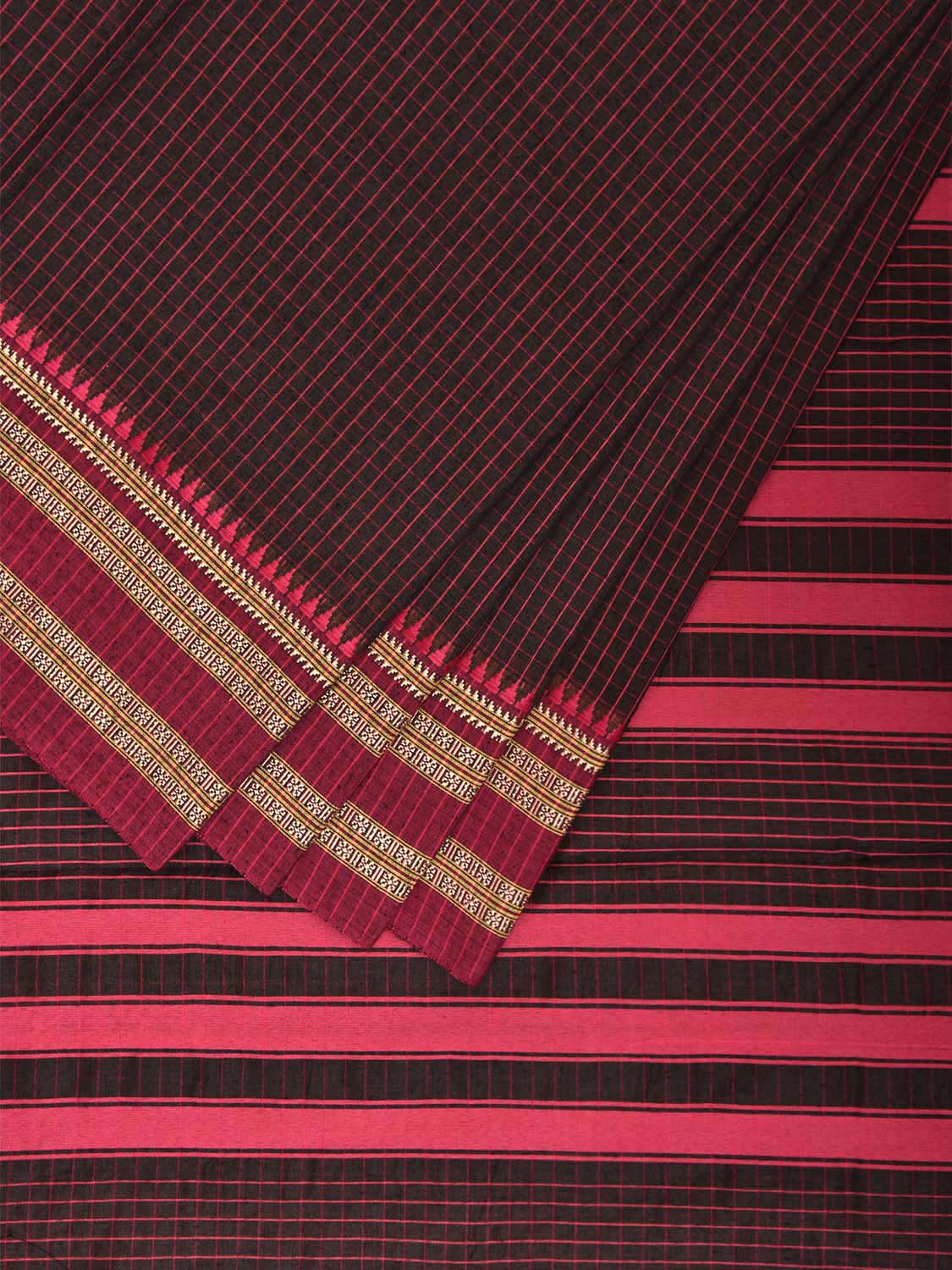 Brown and Pink Bamboo Cotton Saree with Checks Design No Blouse bc0775