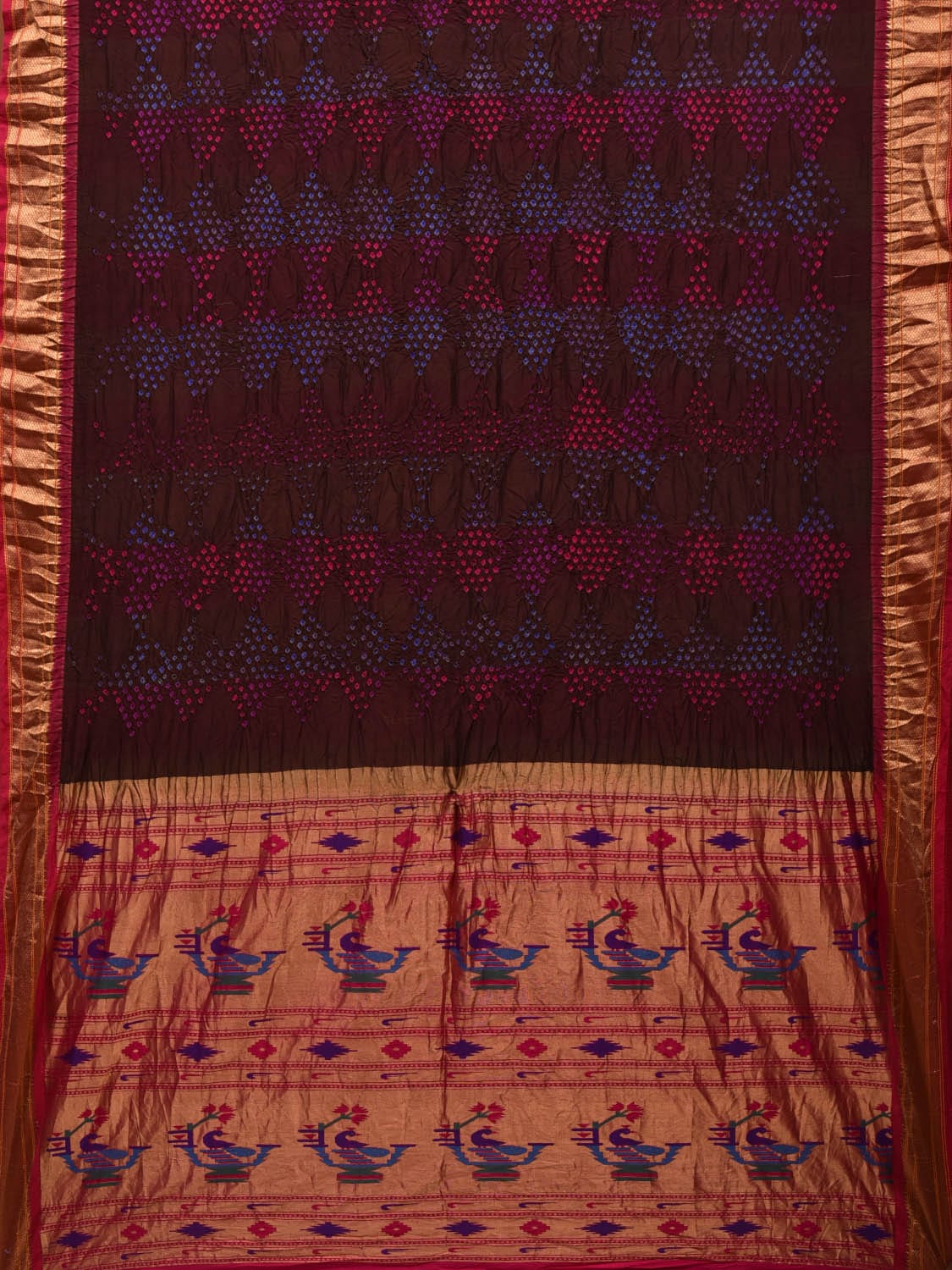 Brown and Pink Bandhani Paithani Silk Handloom Saree with Pallu Design bn0453
