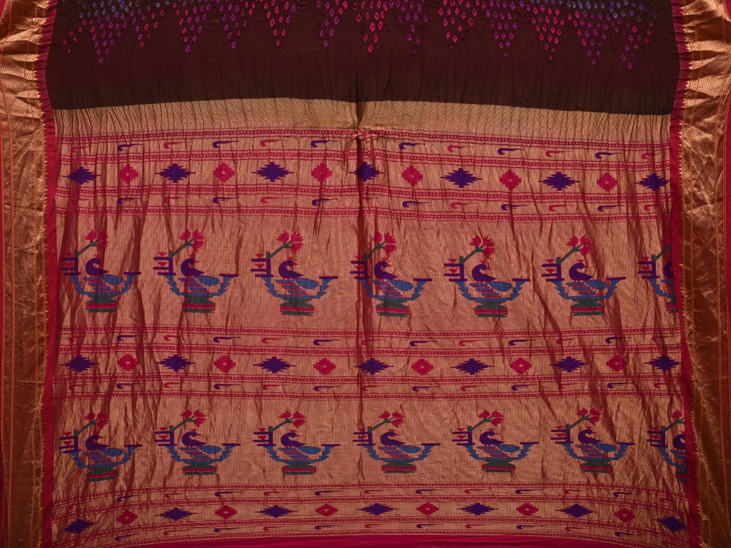 Brown and Pink Bandhani Paithani Silk Handloom Saree with Pallu Design bn0453