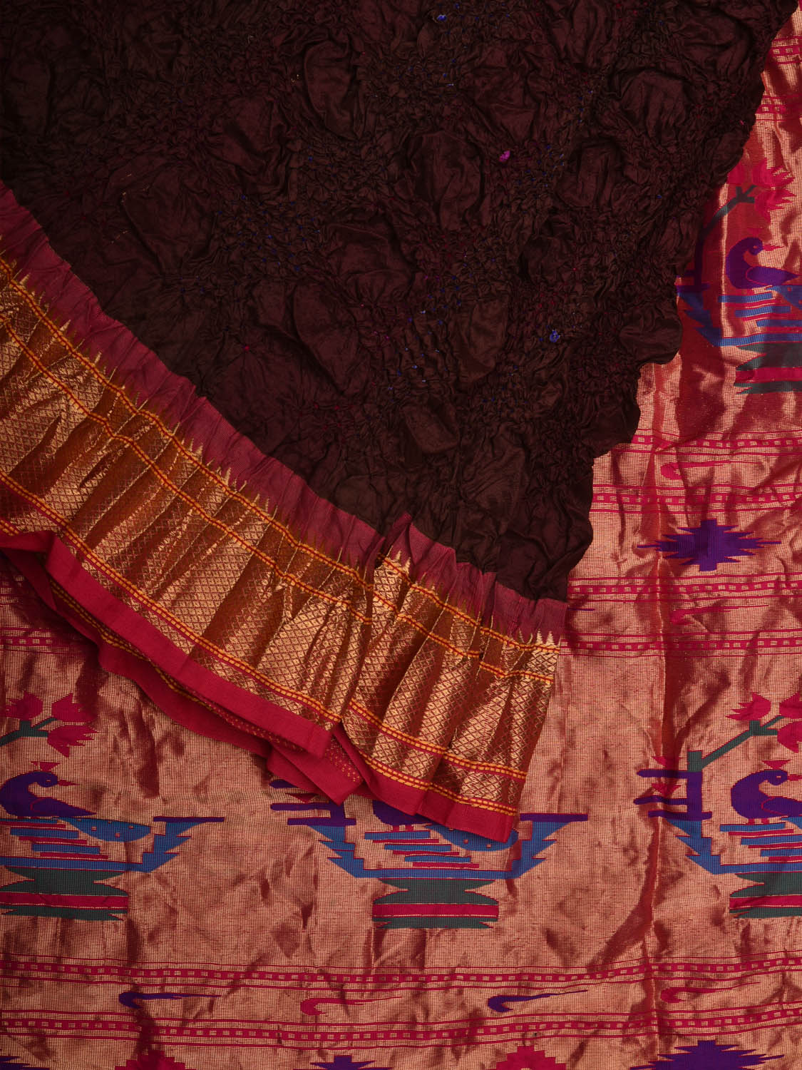 Brown and Pink Bandhani Paithani Silk Handloom Saree with Pallu Design bn0453