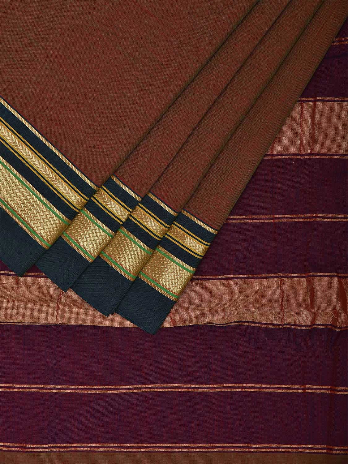 Brown and Purple Bamboo Cotton Plain Saree with Contrast Pallu Design No Blouse bc0614