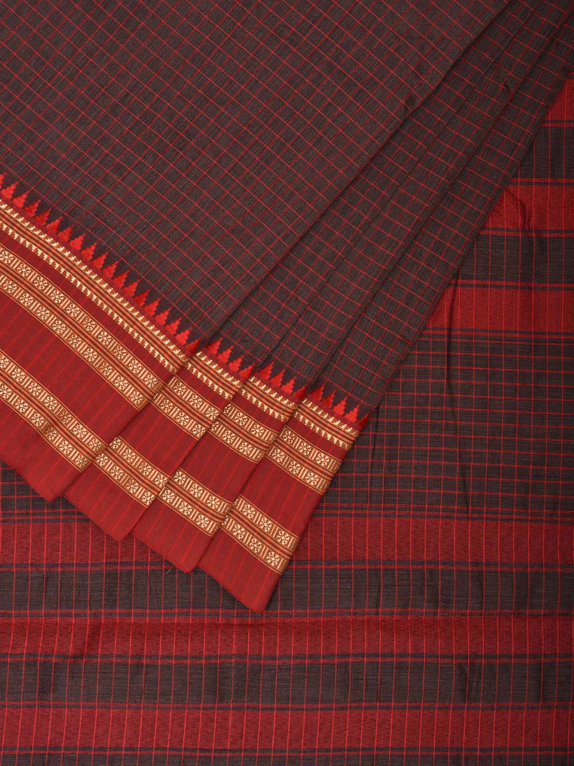 Brown and Red Bamboo Cotton Saree with Checks Design No Blouse bc0663