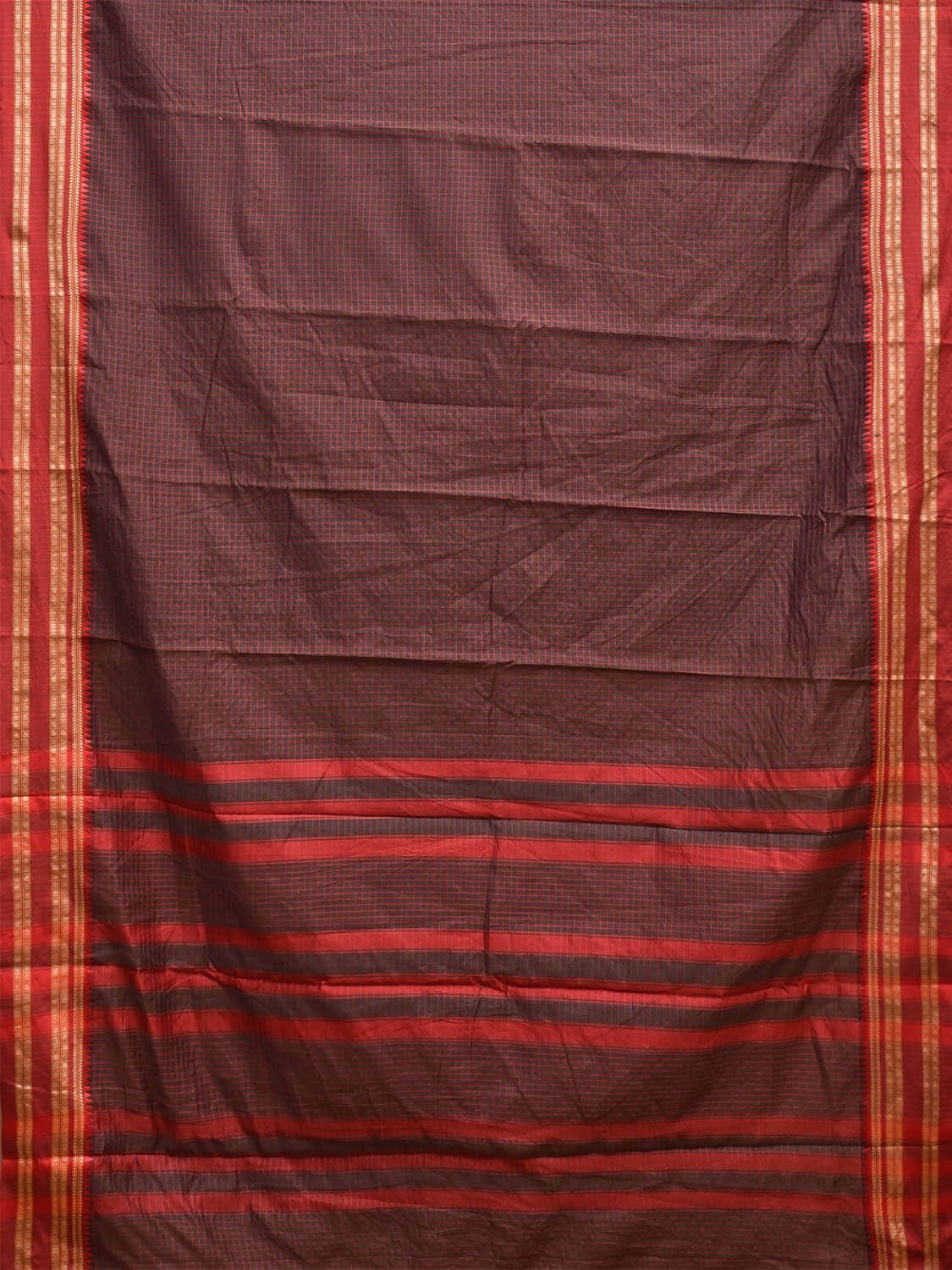 Brown and Red Bamboo Cotton Saree with Checks Design No Blouse bc0663