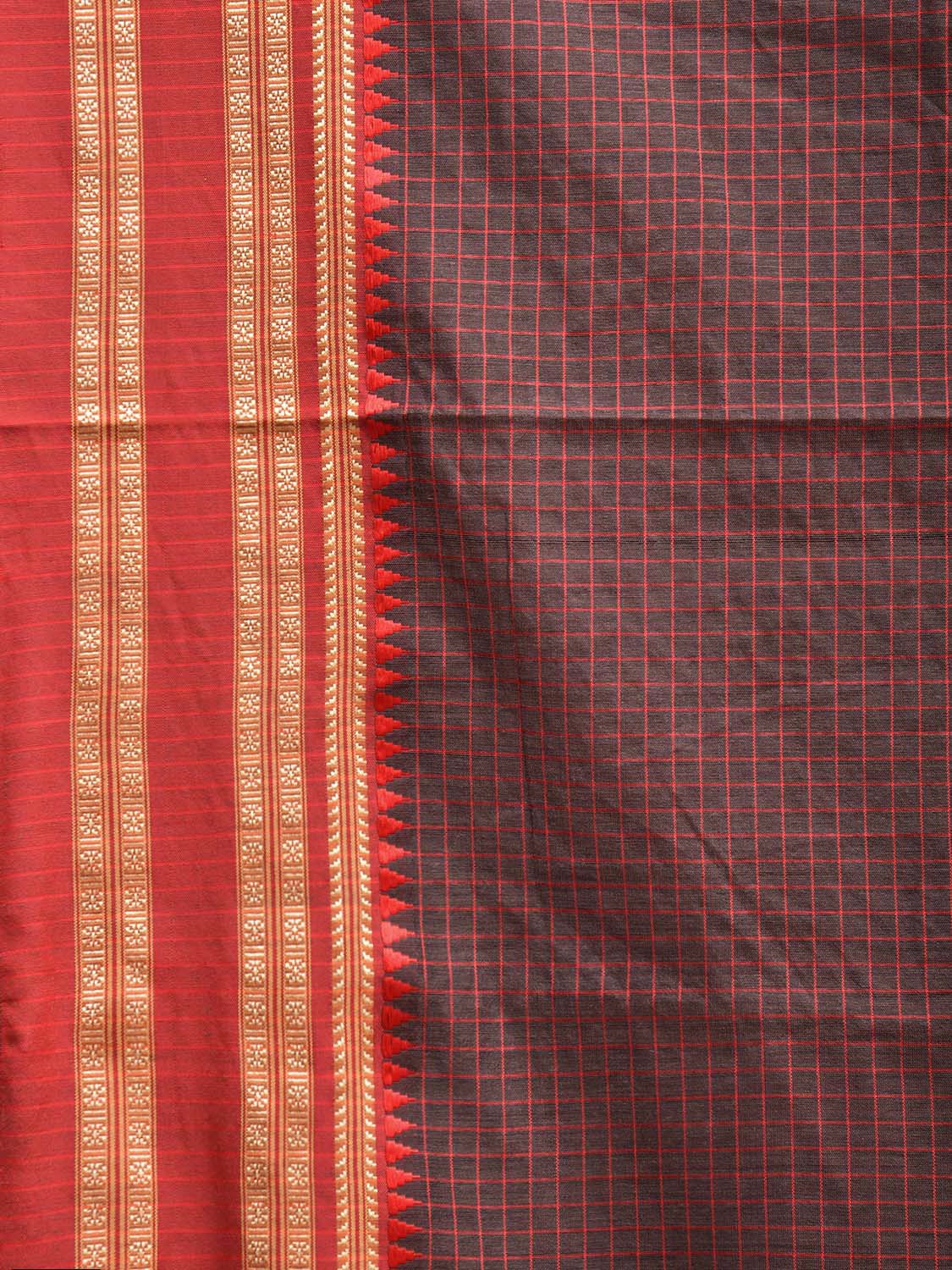 Brown and Red Bamboo Cotton Saree with Checks Design No Blouse bc0663