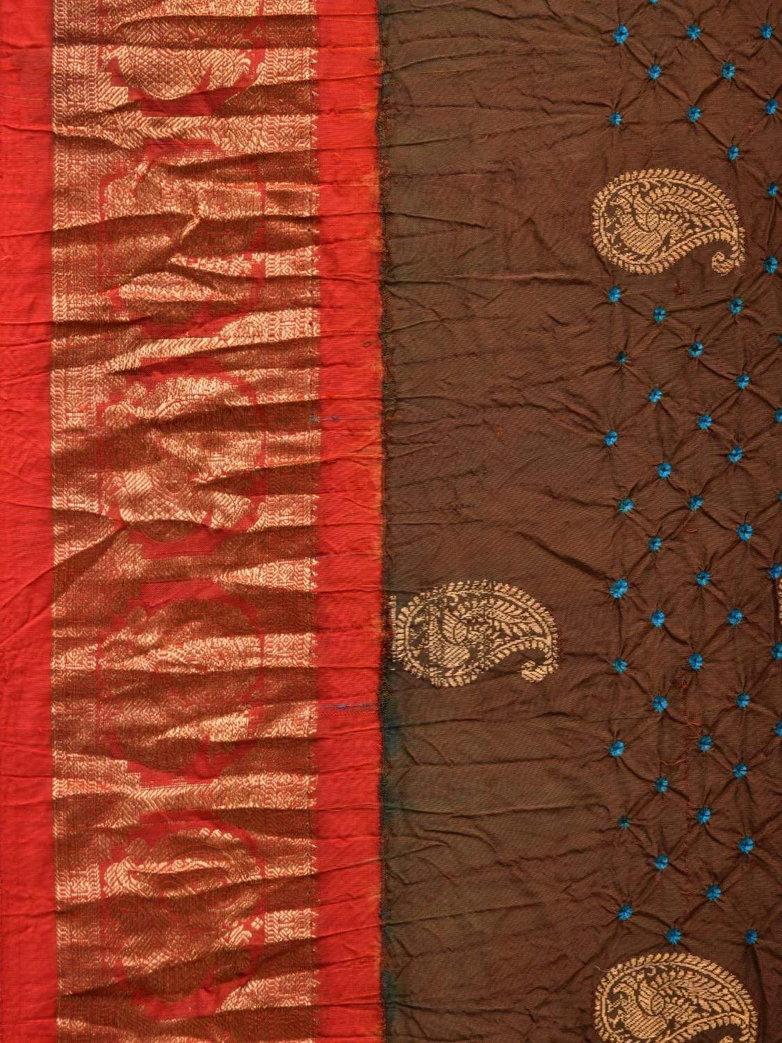 Brown and Red Bandhani Gadwal Silk Handloom Saree with Mango Buta Design bn0160