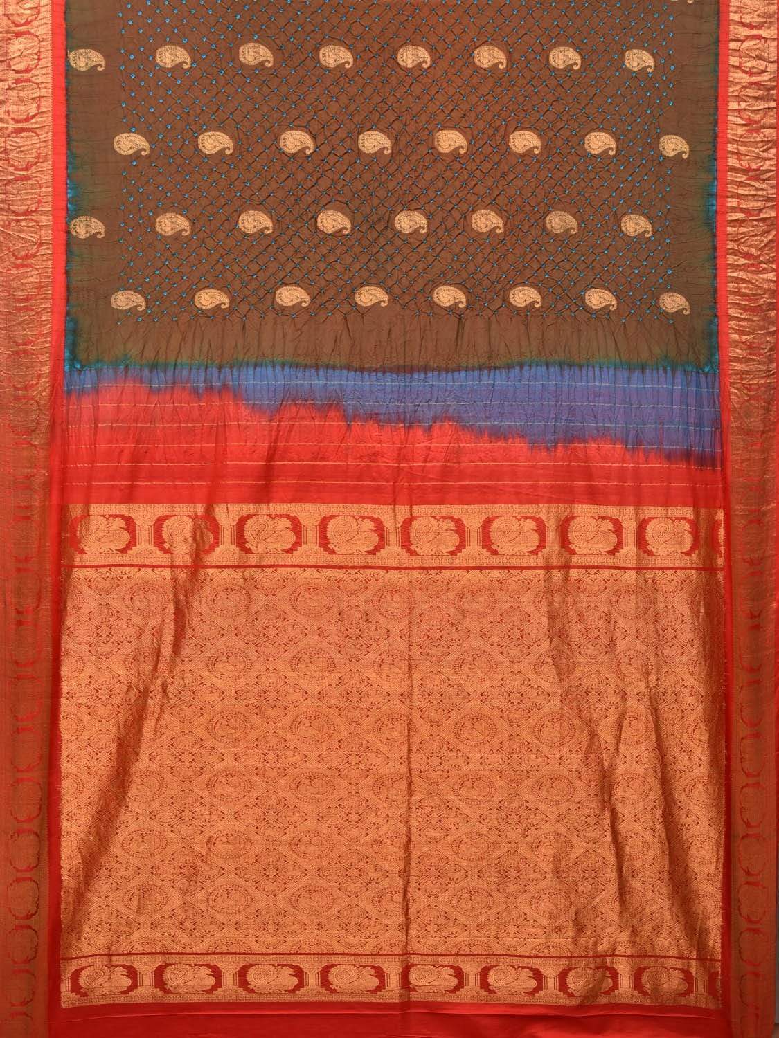 Brown and Red Bandhani Gadwal Silk Handloom Saree with Mango Buta Design bn0160