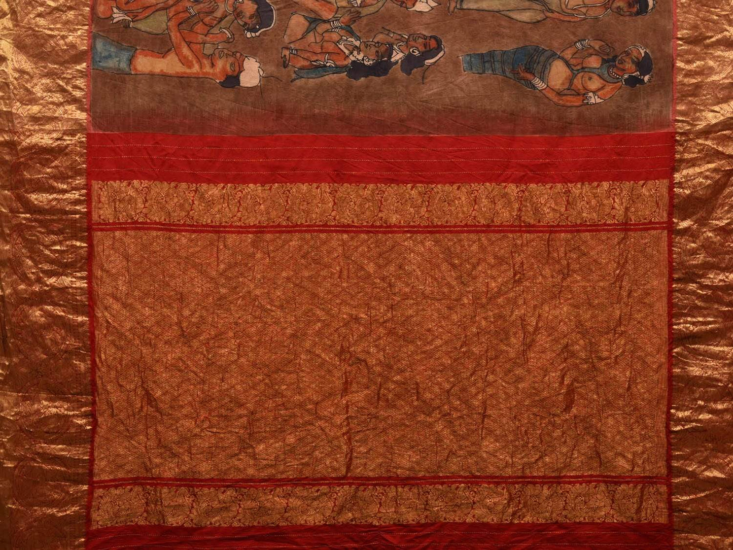 Brown and Red Kalamkari Hand Painted Kanchipuram Silk Handloom Saree with Ajanta Cave Painting Design KL0515