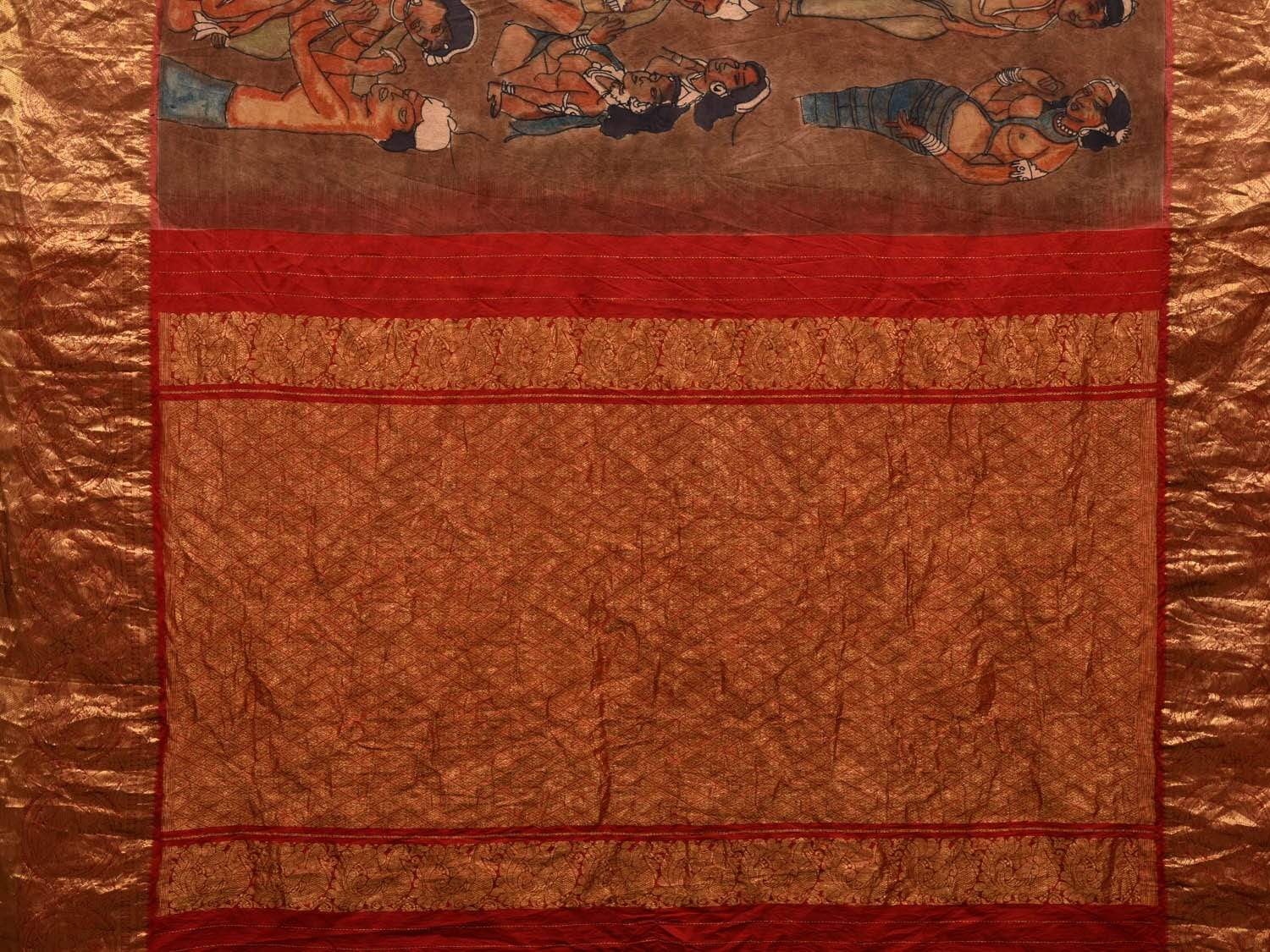 Brown and Red Kalamkari Hand Painted Kanchipuram Silk Handloom Saree with Ajanta Cave Painting Design KL0515